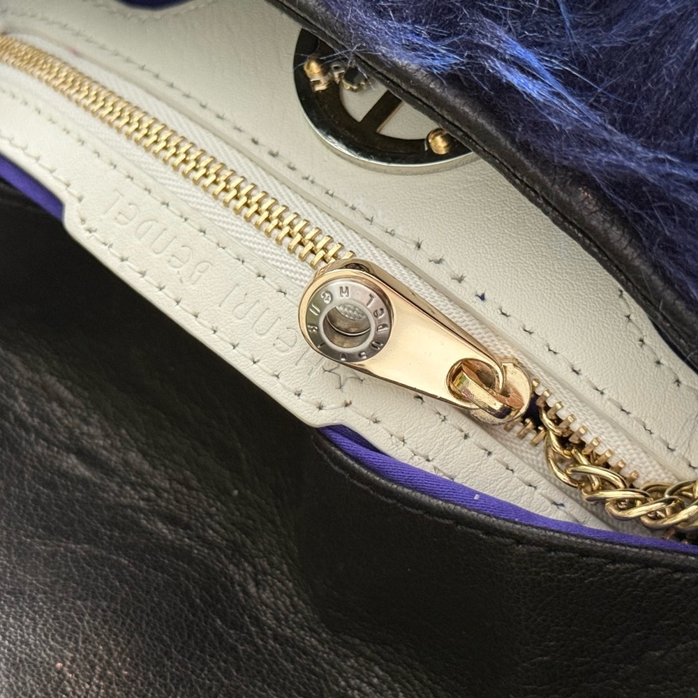 Henri Bendel Foldover Clutch / Shoulder Black Calf w/blue fur Bag ~ EUC & Rare - Picture 7 of 16